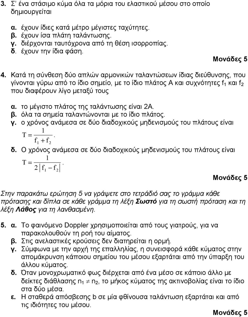 α το µέγιστο πλάτος της ταλάντωσης είναι Α β όλα τα σηµεία ταλαντώνονται µε το ίδιο πλάτος γ ο χρόνος ανάµεσα σε δύο διαδοχικούς µηδενισµούς του πλάτους είναι T = f + f δ Ο χρόνος ανάµεσα σε δύο