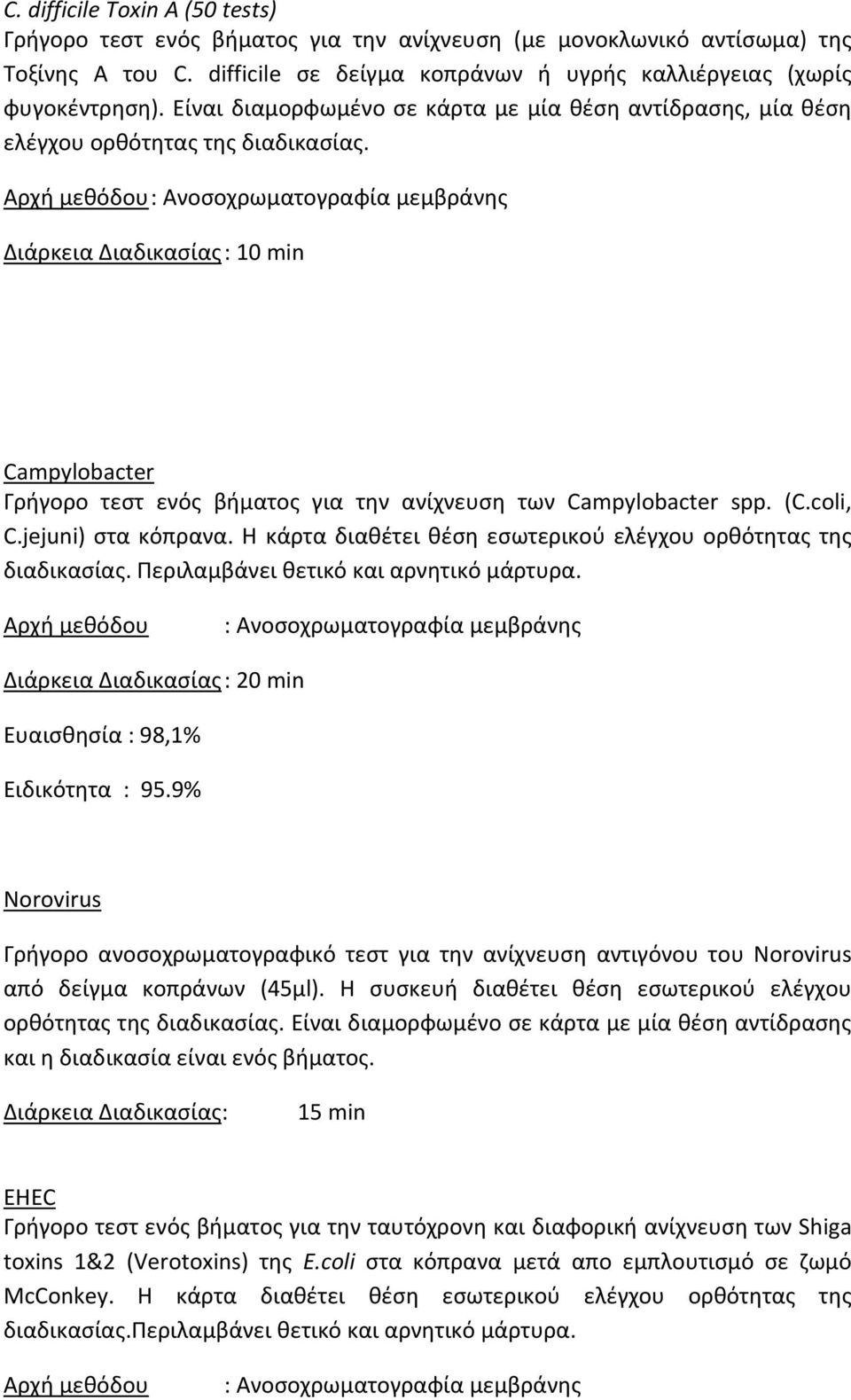 Αρχή μεθόδου : Ανοσοχρωματογραφία μεμβράνης Campylobacter Γρήγορο τεστ ενός βήματος για την ανίχνευση των Campylobacter spp. (C.coli, C.jejuni) στα κόπρανα.