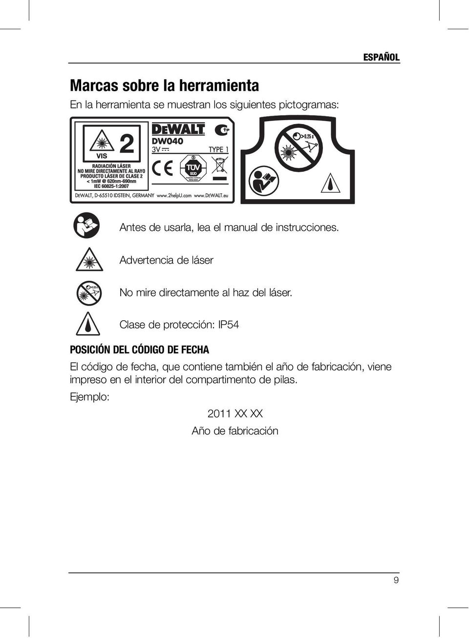 Clase de protección: IP54 POSICIÓN DEL CÓDIGO DE FECHA El código de fecha, que contiene también el año