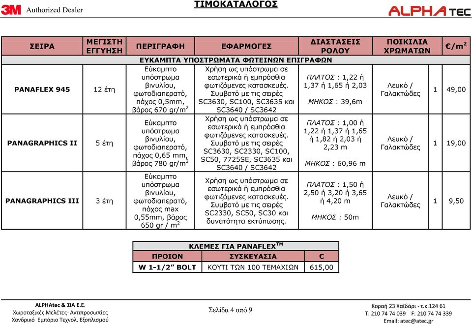 1,37 ή 1,65 ή 2,03 φωτοδιαπερατό, Συμβατό με τις σειρές πάχος 0,5mm, SC3630, SC100, SC3635 και ΜΗΚΟΣ : 39,6m βάρος 670 gr/m 2 SC3640 / SC3642 Εύκαμπτο υπόστρωμα βινυλίου, φωτοδιαπερατό, πάχος 0,65