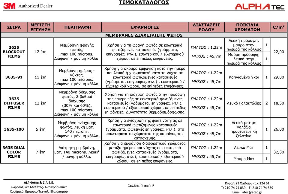 Λευκή πρόσοψη, μαύρο στην πλευρά της κόλλας Μαύρη πρόσοψη, λευκό στην πλευρά της κόλλας 1 1 22,00 3635-91 11 έτη Μεμβράνη ημέρας - νύχτας, max 100 microns.