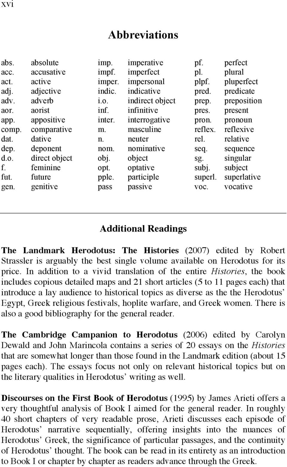 object opt. optative pple. participle pass passive pf. perfect pl. plural plpf. pluperfect pred. predicate prep. preposition pres. present pron. pronoun reflex. reflexive rel. relative seq.