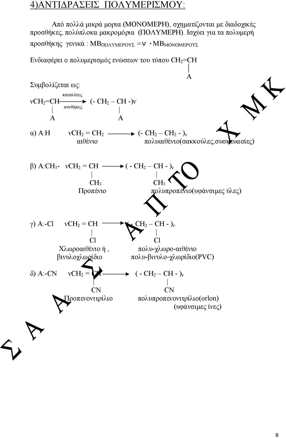 2 CH -)ν Α A α) Α:H νch 2 = CH 2 (- CH 2 CH 2 - ) ν αιθένιο πολυαιθένιο(σακκούλες,συσκευασίες) β) Α:CH 3 - νch 2 = CH ( - CH 2 CH - ) ν CH 3 CH 3 Προπένιο πολυπροπένιο(υφάνσιμες