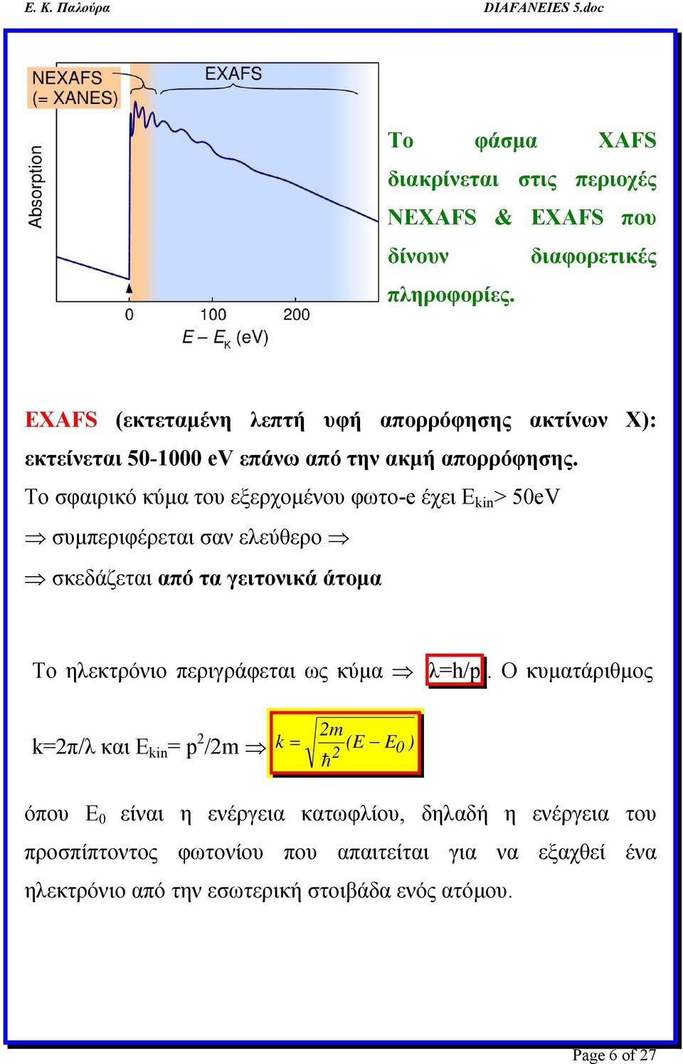 Το σφαιρικό κύμα του εξερχομένου φωτο-e έχει Ε kin > 5eV συμπεριφέρεται σαν ελεύθερο σκεδάζεται από τα γειτονικά άτομα Tο ηλεκτρόνιο περιγράφεται