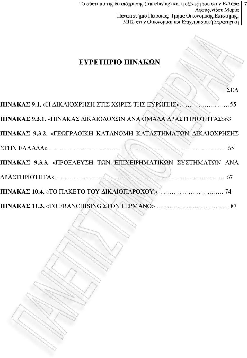 4. «ΤΟ ΠΑΚΕΤΟ ΤΟΥ ΔΙΚΑΙΟΠΑΡΟΧΟΥ»...74 ΠΙΝΑΚΑΣ 11.3. «ΤΟ FRANCHISING ΣΤΟΝ ΓΕΡΜΑΝΟ» 87