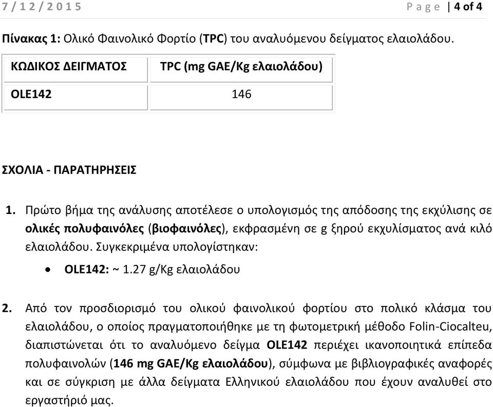 Συγκεκριμένα υπολογίστηκαν: OLE142: 1.27 g/kg ελαιολάδου 2.