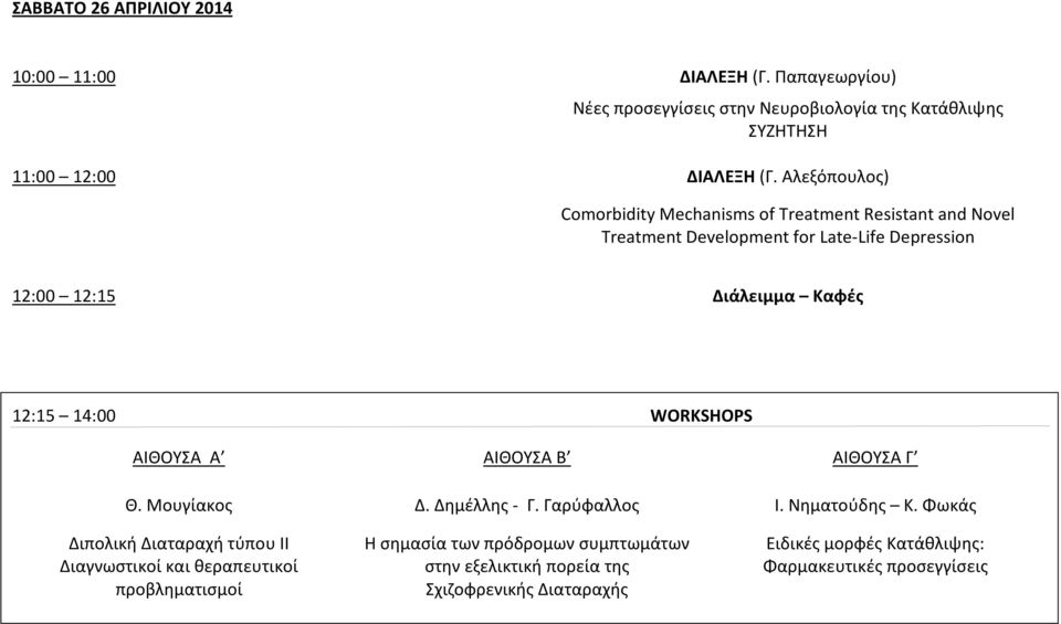 12:15 14:00 WORKSHOPS Θ. Μουγίακος Δ. Δημέλλης - Γ. Γαρύφαλλος Ι. Νηματούδης Κ.