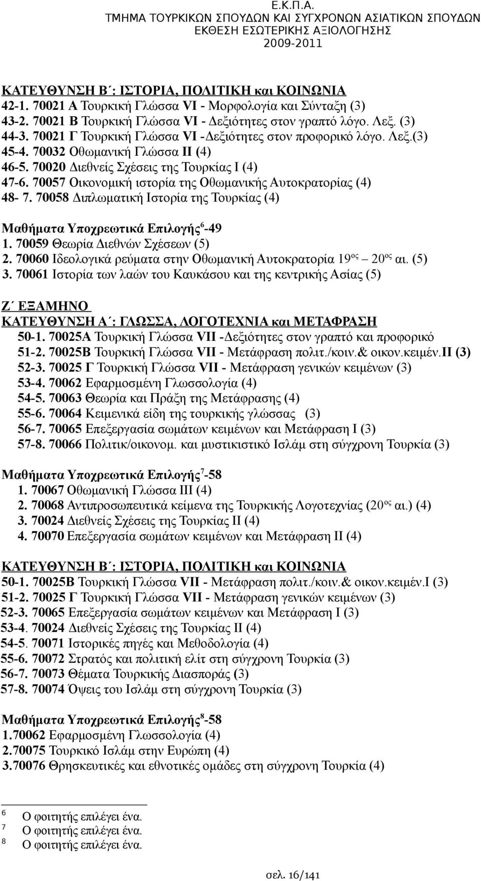 70032 Οθωμανική Γλώσσα ΙΙ (4) 46-5. 70020 Διεθνείς Σχέσεις της Τουρκίας Ι (4) 47-6. 70057 Οικονομική ιστορία της Οθωμανικής Αυτοκρατορίας (4) 48-7.
