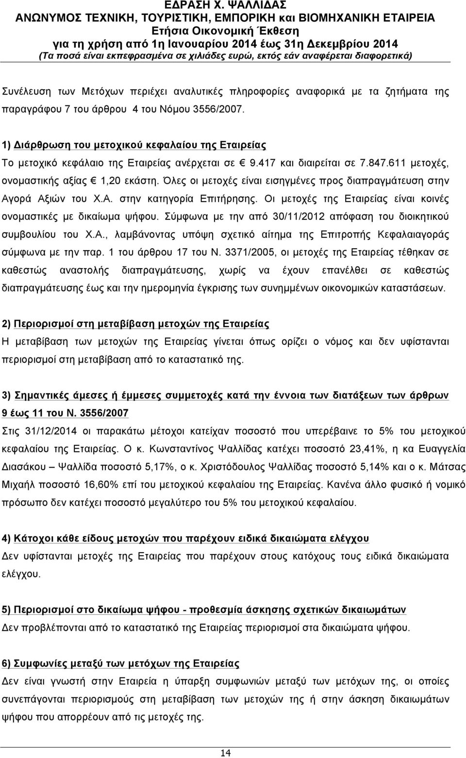 Όλες οι µετοχές είναι εισηγµένες προς διαπραγµάτευση στην Αγορά Αξιών του Χ.Α. στην κατηγορία Επιτήρησης. Οι µετοχές της Εταιρείας είναι κοινές ονοµαστικές µε δικαίωµα ψήφου.