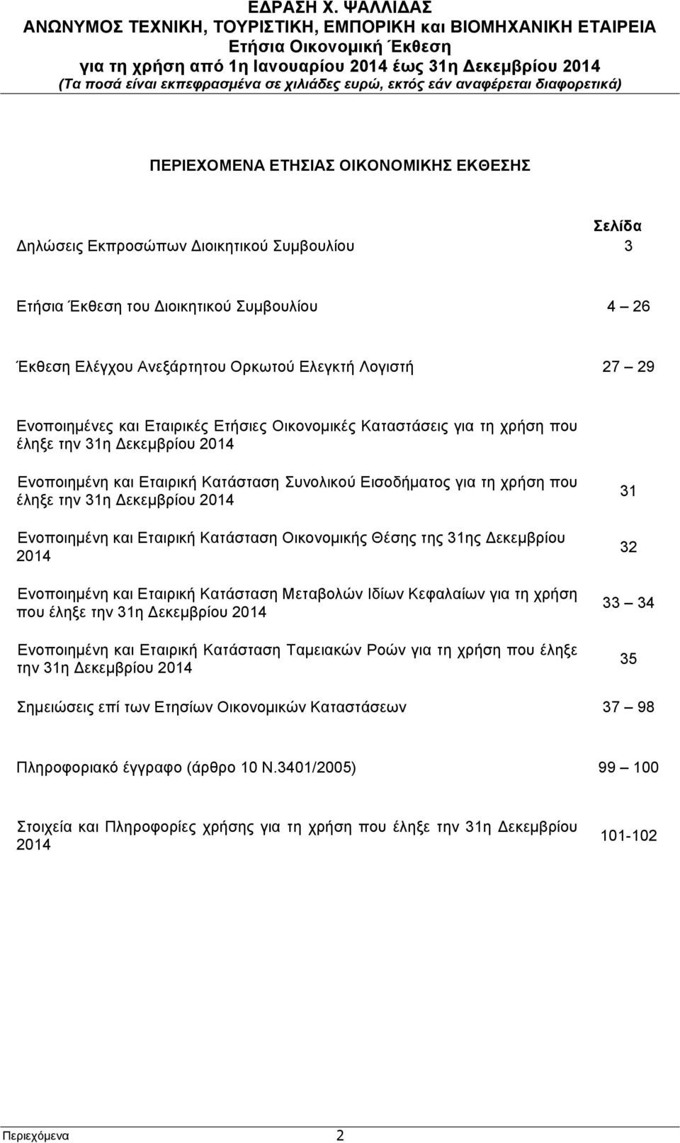 Δεκεµβρίου 2014 Ενοποιηµένη και Εταιρική Κατάσταση Οικονοµικής Θέσης της 31ης Δεκεµβρίου 2014 Ενοποιηµένη και Εταιρική Κατάσταση Μεταβολών Ιδίων Κεφαλαίων για τη χρήση που έληξε την 31η Δεκεµβρίου