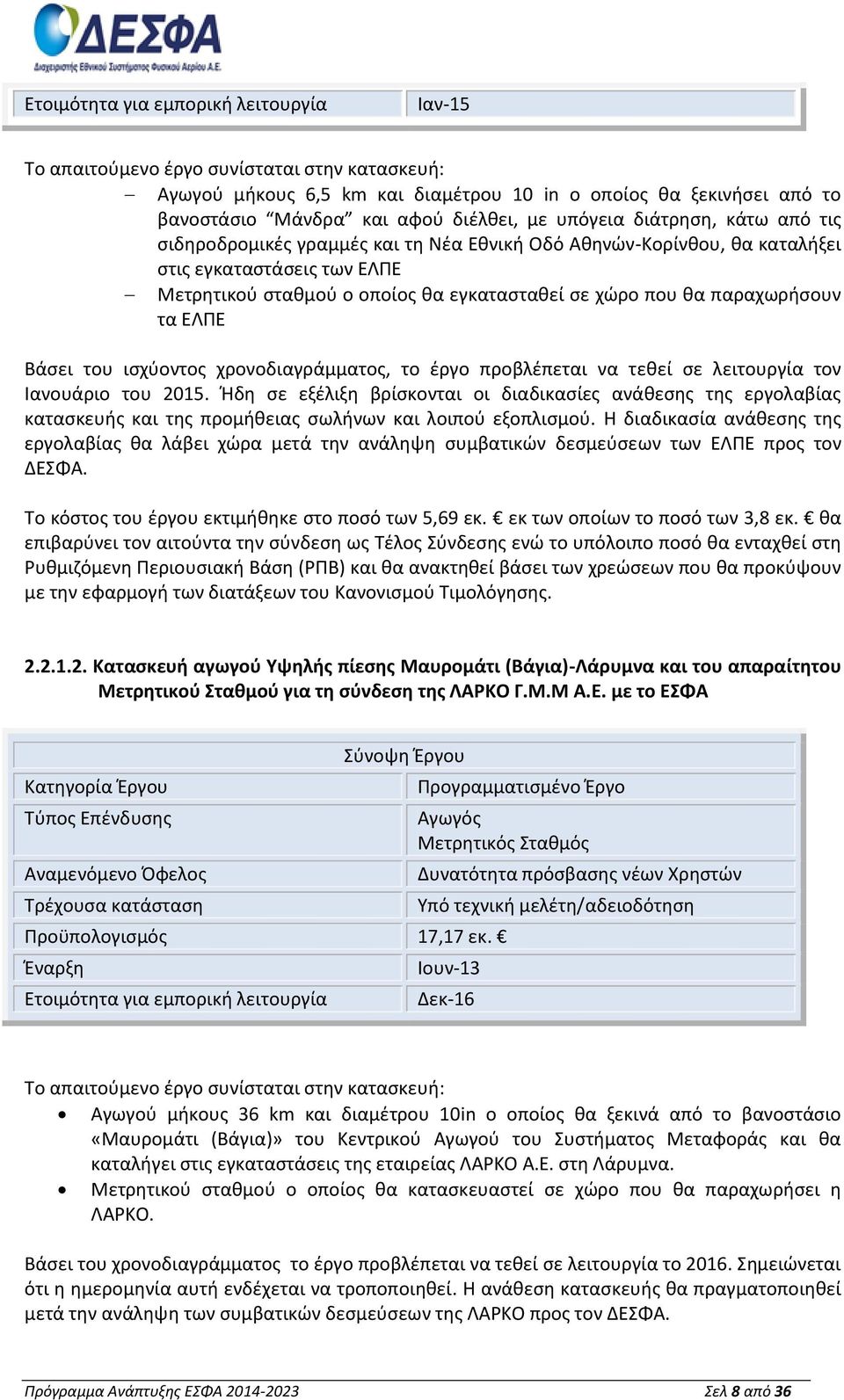 παραχωρήσουν τα ΕΛΠΕ Βάσει του ισχύοντος χρονοδιαγράμματος, το έργο προβλέπεται να τεθεί σε λειτουργία τον Ιανουάριο του 2015.