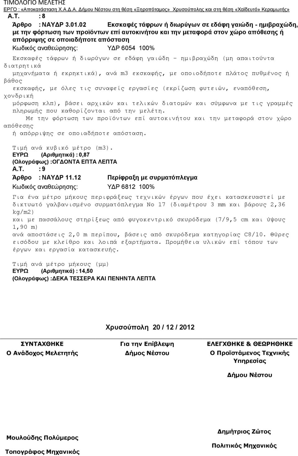 ΥΔΡ 6054 100% Εκσκαφές τάφρων ή διωρύγων σε εδάφη γαιώδη - ημιβραχώδη (μη απαιτούντα διατρητικά μηχανήματα ή εκρηκτικά), ανά m3 εκσκαφής, με οποιοδήποτε πλάτος πυθμένος ή βάθος εκσκαφής, με όλες τις