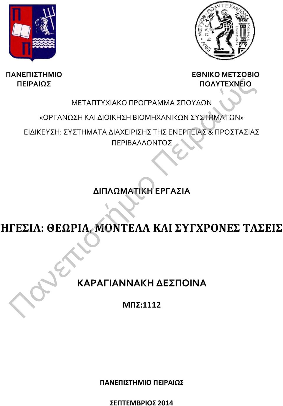 ΕΝΕΡΓΕΙΑΣ & ΠΡΟΣΤΑΣΙΑΣ ΠΕΡΙΒΑΛΛΟΝΤΟΣ ΔΙΠΛΩΜΑΤΙΚΗ ΕΡΓΑΣΙΑ ΗΓΕΣΙΑ: ΘΕΩΡΙΑ, ΜΟΝΤΕΛΑ ΚΑΙ