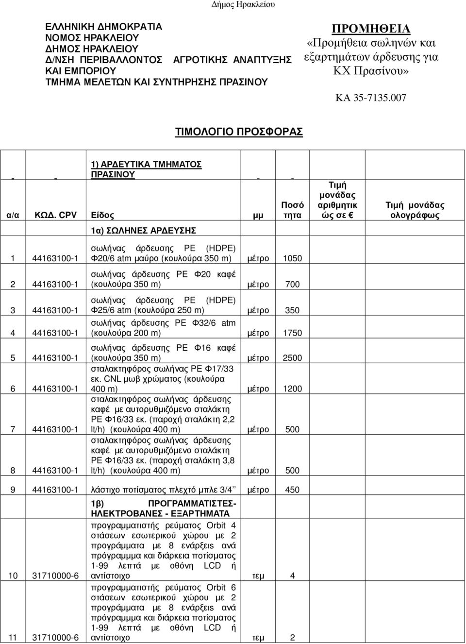 CPV Είδος µµ Ποσό τητα Τιµή µονάδας αριθµητικ ώς σε Τιµή µονάδας ολογράφως 1α) ΣΩΛΗΝΕΣ ΑΡ ΕΥΣΗΣ 1 44163100-1 2 44163100-1 3 44163100-1 4 44163100-1 5 44163100-1 6 44163100-1 7 44163100-1 8 44163100-1
