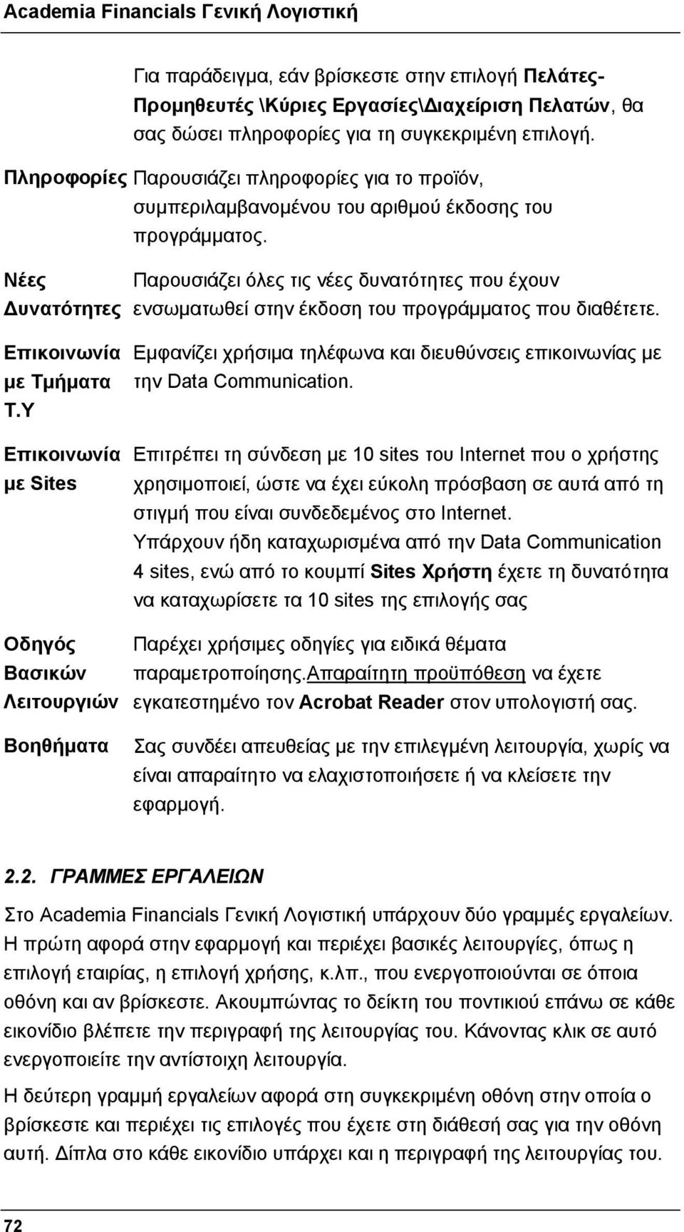Παρουσιάζει όλες τις νέες δυνατότητες που έχουν ενσωματωθεί στην έκδοση του προγράμματος που διαθέτετε. Εμφανίζει χρήσιμα τηλέφωνα και διευθύνσεις επικοινωνίας με την Data Communication.