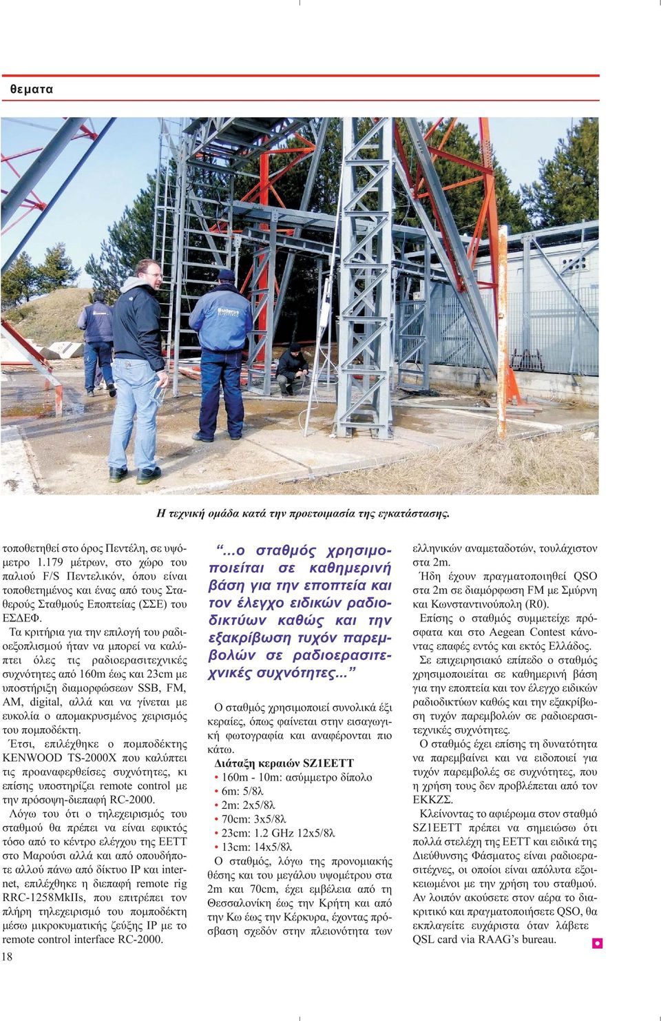 Τα κριτήρια για την επιλογή του ραδιοεξοπλισμού ήταν να μπορεί να καλύπτει όλες τις ραδιοερασιτεχνικές συχνότητες από 160m έως και 23cm με υποστήριξη διαμορφώσεων SSB, FM, AM, digital, αλλά και να