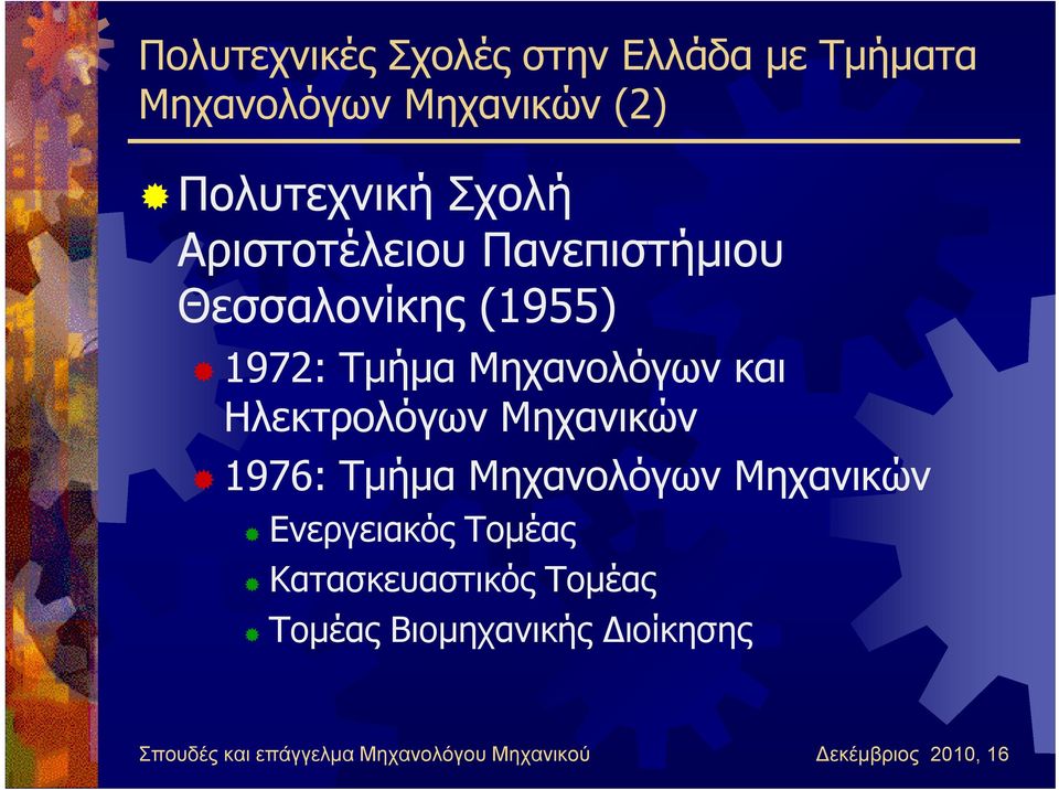 Μηχανικών 1976: Τμήμα Μηχανολόγων Μηχανικών Ενεργειακός Τομέας Κατασκευαστικός Τομέας