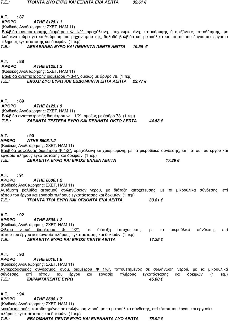 5.1.1 Βαλβίδα αντεπιστροφής διαµέτρου Φ 1/2", ορειχάλκινη, επιχρωµιωµένη, κατακόρυφης ή οριζόντιας τοποθέτησης, µε λυόµενο πώµα γιά επιθεώρηση του µηχανισµού της, δηλαδή βαλβίδα και µικροϋλικά επί