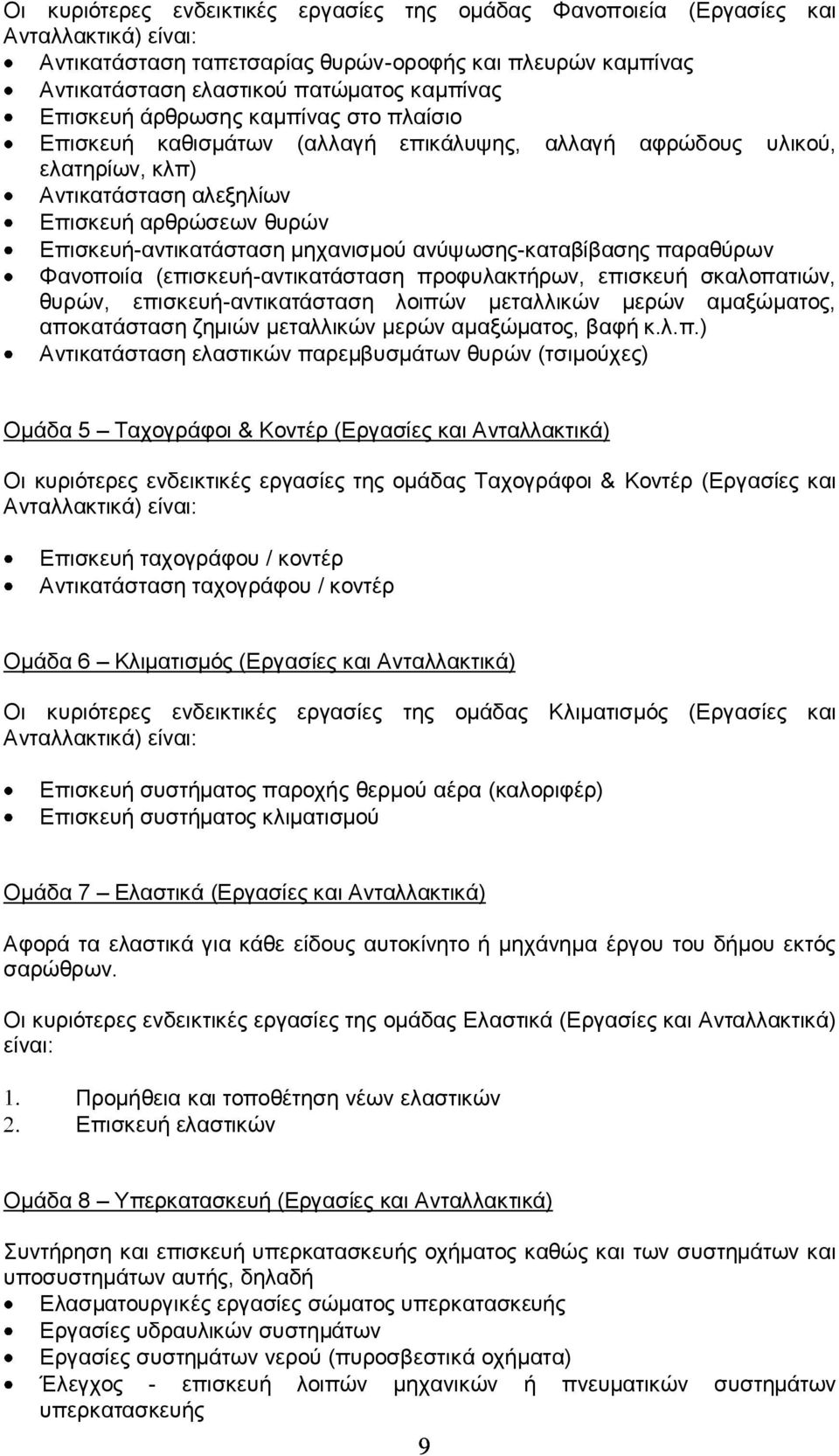 μηχανισμού ανύψωσης-καταβίβασης παραθύρων Φανοποιία (επισκευή-αντικατάσταση προφυλακτήρων, επισκευή σκαλοπατιών, θυρών, επισκευή-αντικατάσταση λοιπών μεταλλικών μερών αμαξώματος, αποκατάσταση ζημιών