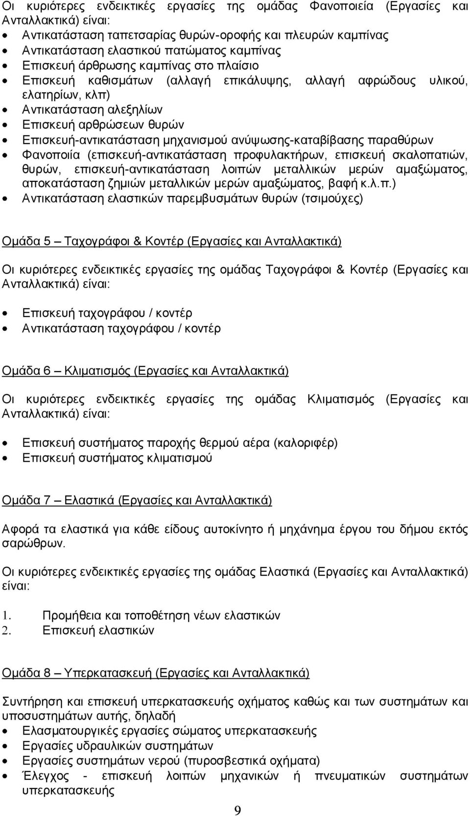 μηχανισμού ανύψωσης-καταβίβασης παραθύρων Φανοποιία (επισκευή-αντικατάσταση προφυλακτήρων, επισκευή σκαλοπατιών, θυρών, επισκευή-αντικατάσταση λοιπών μεταλλικών μερών αμαξώματος, αποκατάσταση ζημιών