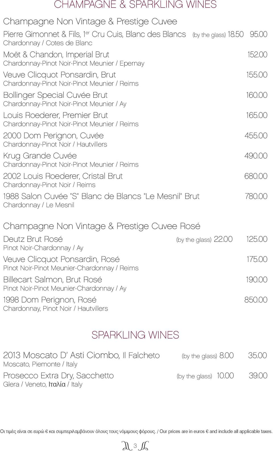 00 Chardonnay-Pinot Noir-Pinot Meunier / Reims Bollinger Special Cuvée Brut 160.00 Chardonnay-Pinot Noir-Pinot Meunier / Ay Louis Roederer, Premier Brut 165.