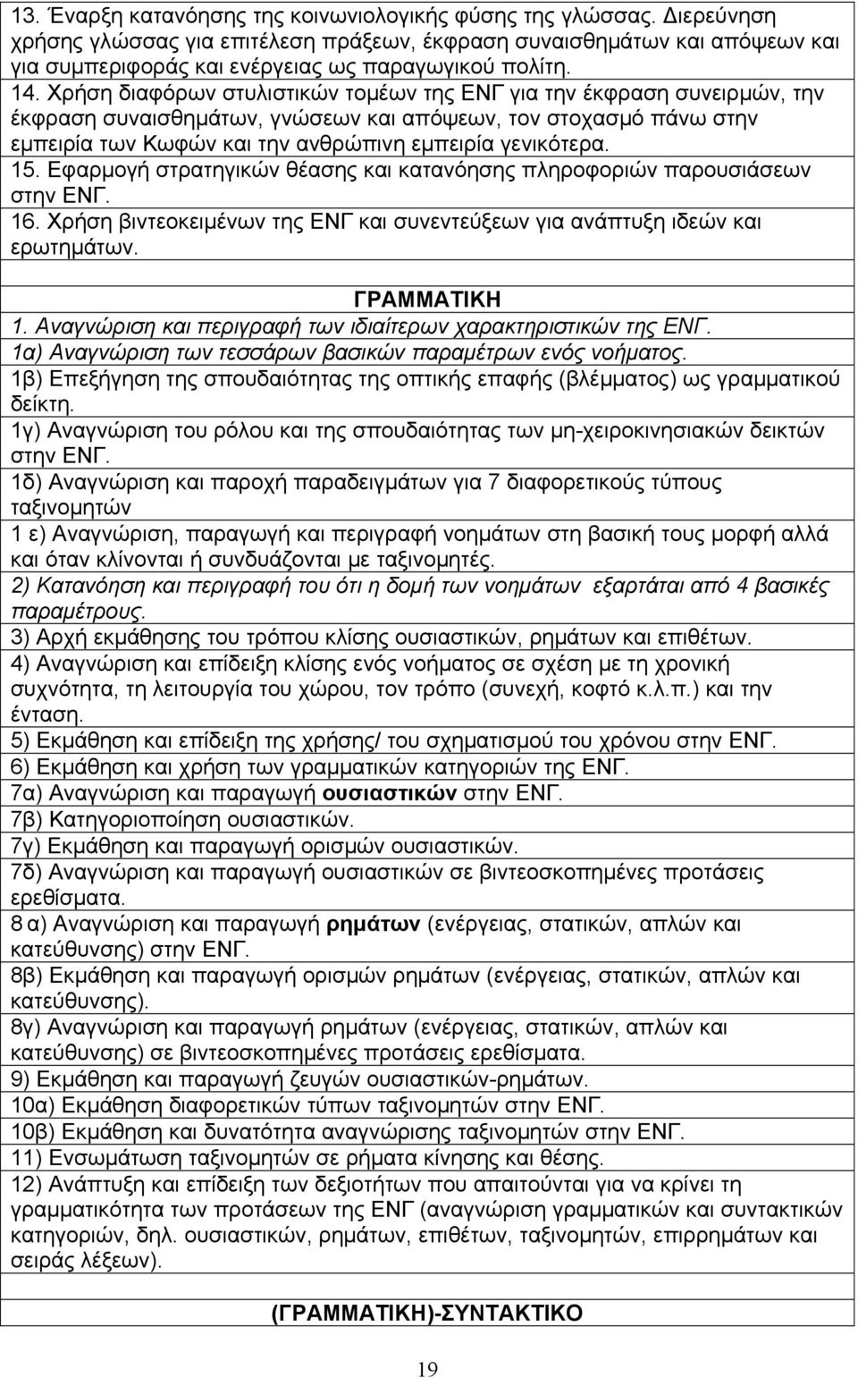γενικότερα. 15. Εφαρμογή στρατηγικών θέασης και κατανόησης πληροφοριών παρουσιάσεων στην 16. Χρήση βιντεοκειμένων της ΕΝΓ και συνεντεύξεων για ανάπτυξη ιδεών και ερωτημάτων. ΓΡΑΜΜΑΤΙΚΗ 1.