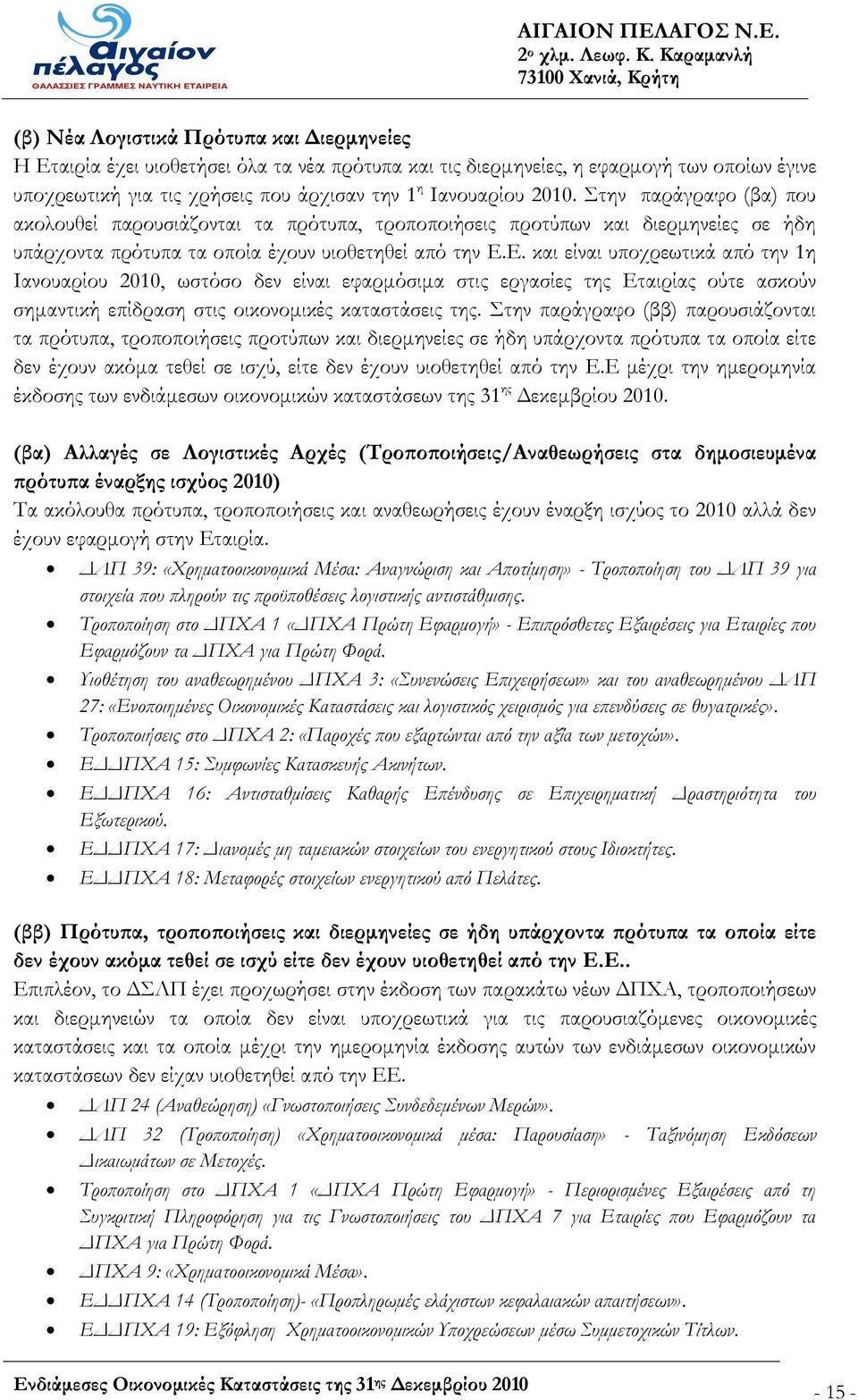 Ε. και είναι υποχρεωτικά από την 1η Ιανουαρίου 2010, ωστόσο δεν είναι εφαρμόσιμα στις εργασίες της Εταιρίας ούτε ασκούν σημαντική επίδραση στις οικονομικές καταστάσεις της.