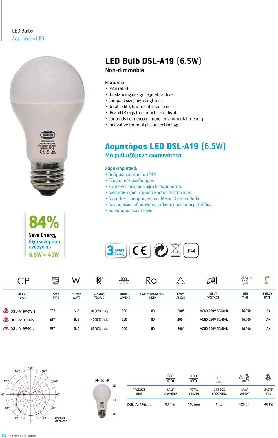 Λαμπτήρας LED DSL-A19 (6.5W) Μη ρυθμιζόμενη φωτεινότητα 84% LED A19 Bulb-6.