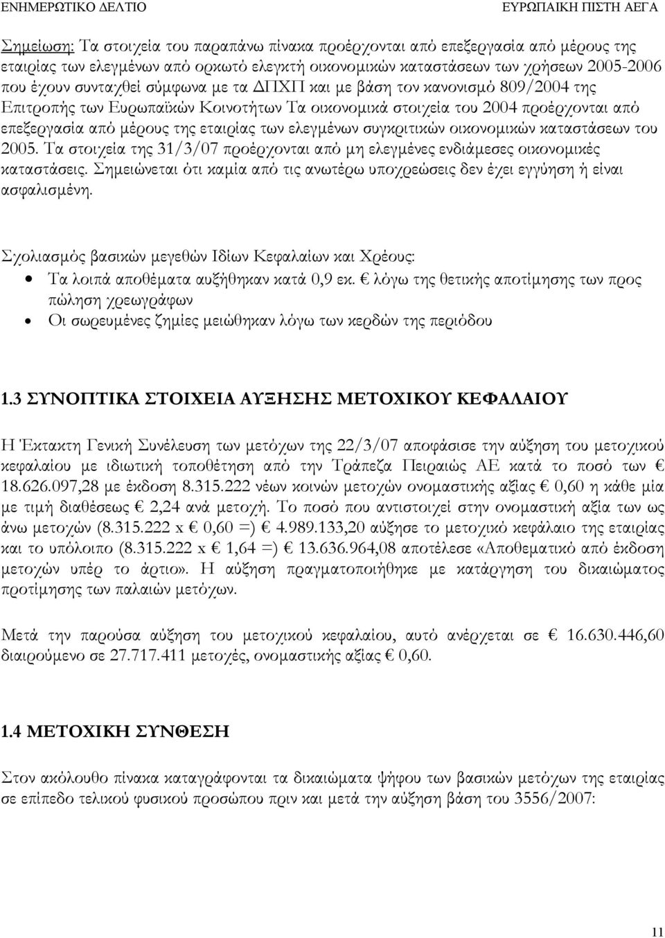 ελεγµένων συγκριτικών οικονοµικών καταστάσεων του 2005. Τα στοιχεία της 31/3/07 προέρχονται από µη ελεγµένες ενδιάµεσες οικονοµικές καταστάσεις.
