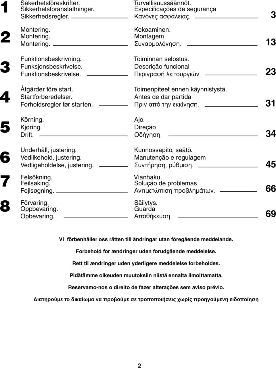 Startforberedelser. Forholdsregler før starten. Toimenpiteet ennen käynnistystä. Antes de dar partida Πριν από την εκκίνηση. 31 5 Körning. Kjøring. Drift. Ajo. Direção Οδήγηση.