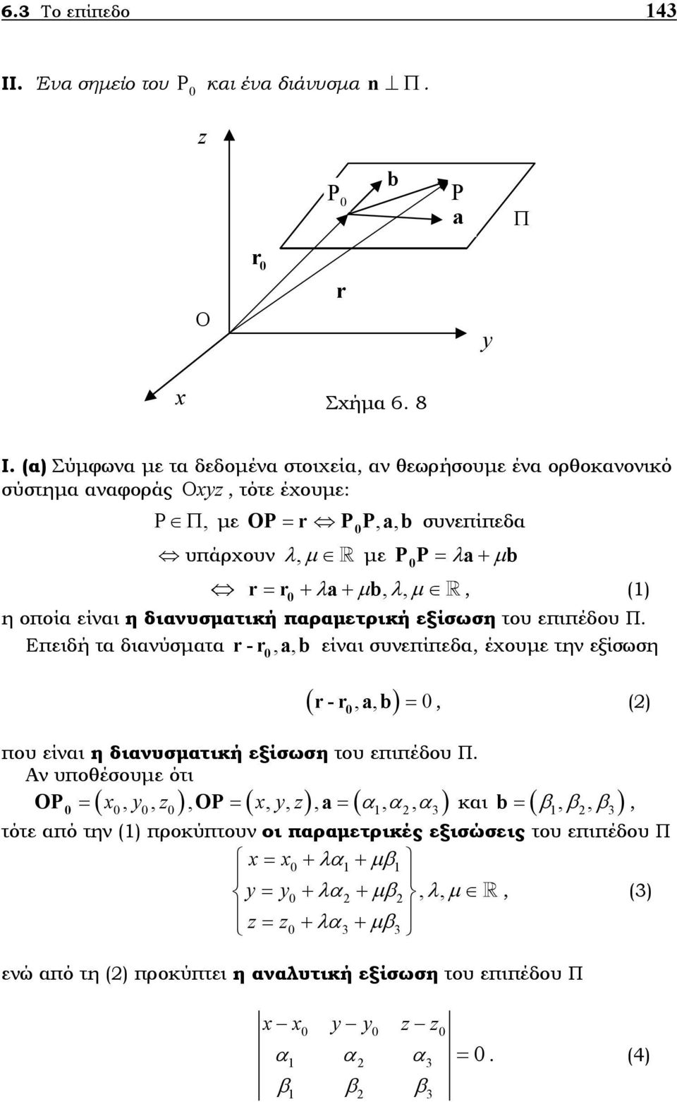 συνεπίπεδα, έχουµε την εξίσωση που είναι η διανυσµατική εξίσωση του επιπέδου Π Αν υποθέσουµε ότι = x, y, z, = x, y, z, = α, α, α r-r,, b =, () Ρ Ρ και = ( β, β, β ) b, τότε από την ()