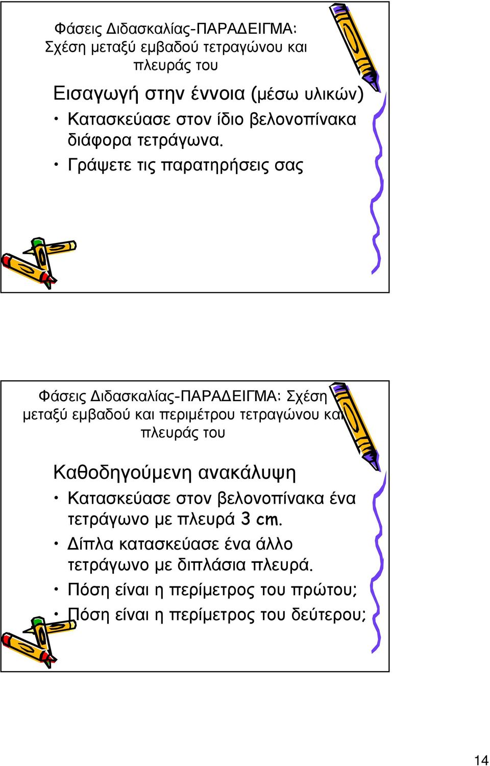 Γράψετε τις παρατηρήσεις σας Φάσεις Διδασκαλίας-ΠΑΡΑΔΕΙΓΜΑ: Σχέση μεταξύ εμβαδού και περιμέτρου τετραγώνου και πλευράς του