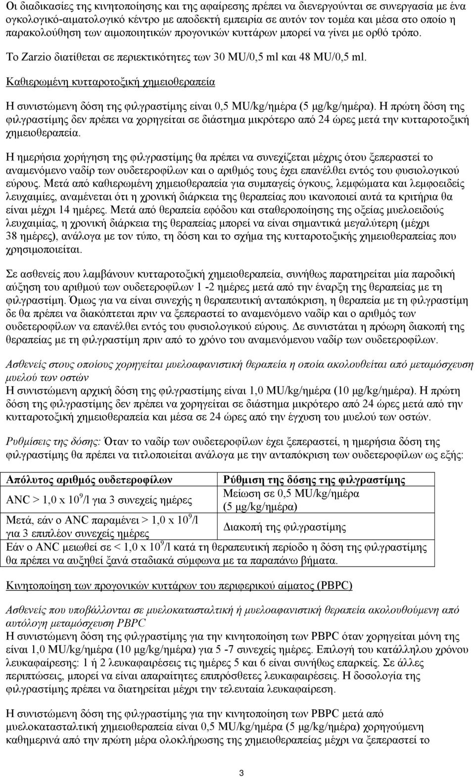 Καθιερωμένη κυτταροτοξική χημειοθεραπεία Η συνιστώμενη δόση της φιλγραστίμης είναι 0,5 MU/kg/ημέρα (5 μg/kg/ημέρα).