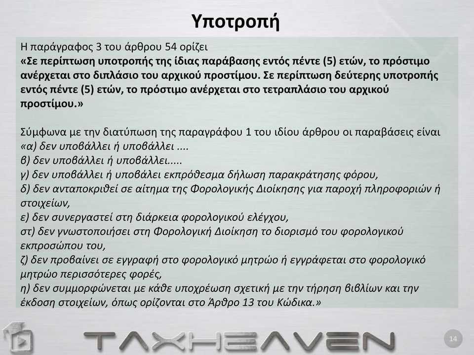 » Σύμφωνα με την διατύπωση της παραγράφου 1 του ιδίου άρθρου οι παραβάσεις είναι «α) δεν υποβάλλει ή υποβάλλει... β) δεν υποβάλλει ή υποβάλλει.