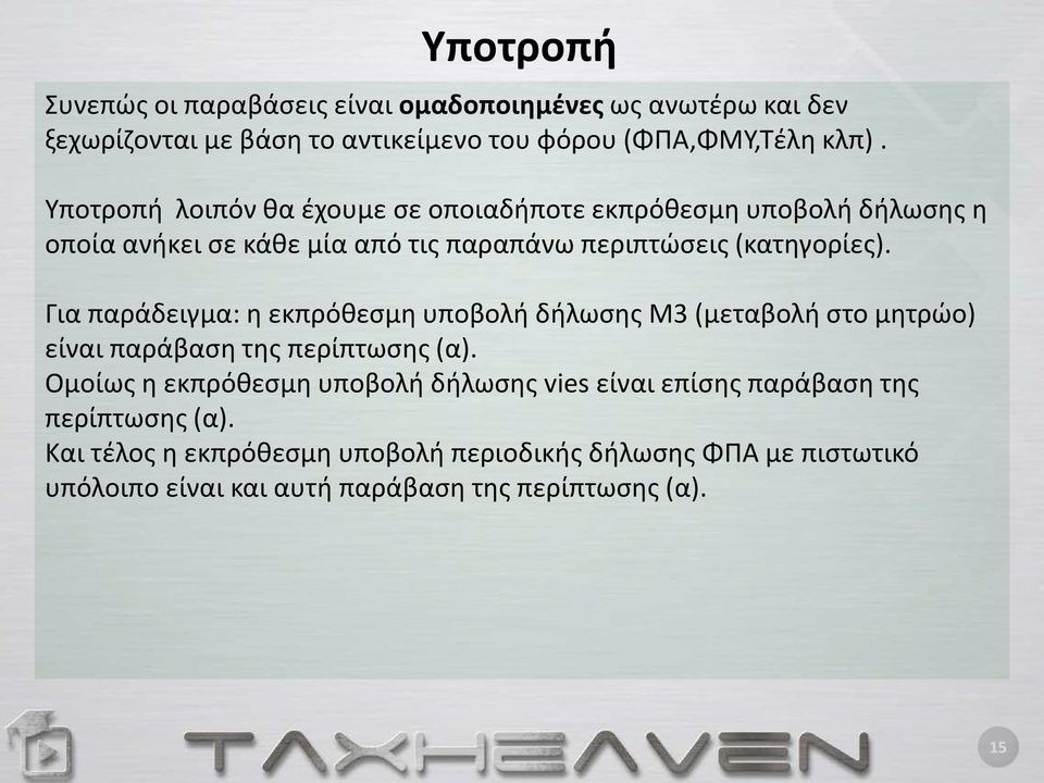 Για παράδειγμα: η εκπρόθεσμη υποβολή δήλωσης Μ3 (μεταβολή στο μητρώο) είναι παράβαση της περίπτωσης (α).