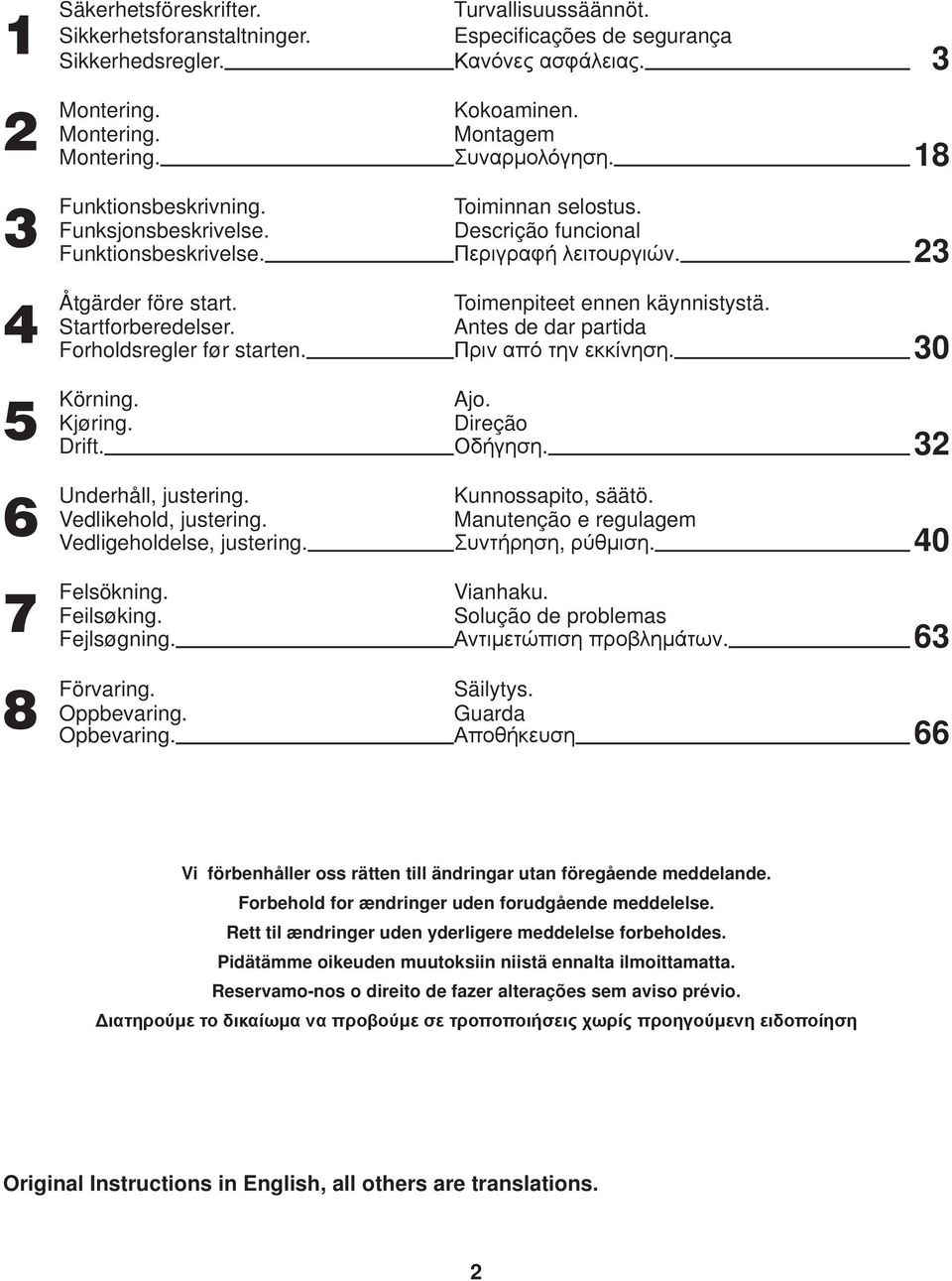 Descrição funcional Funktionsbeskrivelse. Περιγραφή λειτουργιών. 23 före start. Toimenpiteet ennen käynnistystä. Startforberedelser. Antes de dar partida Forholdsregler før starten.