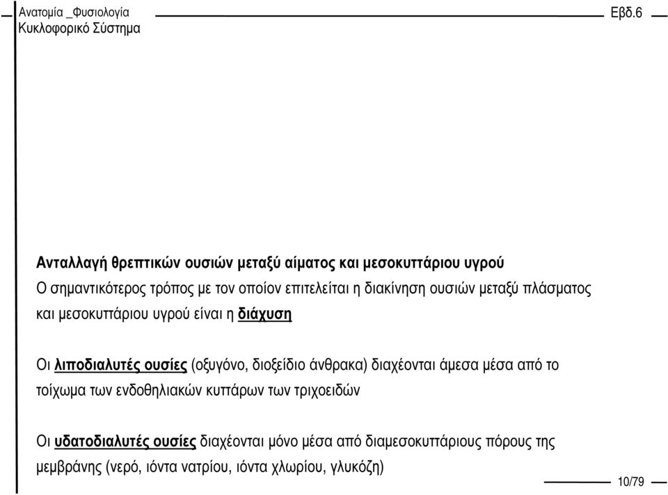 (οξυγόνο, διοξείδιο άνθρακα) διαχέονται άµεσα µέσα από το τοίχωµα των ενδοθηλιακών κυττάρων των τριχοειδών Οι