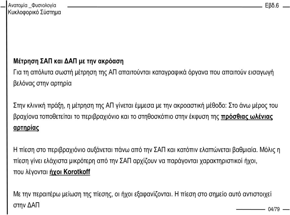 ωλένιας αρτηρίας Η πίεση στο περιβραχιόνιο αυξάνεται πάνω από την ΣΑΠ και κατόπιν ελαττώνεται βαθµιαία.