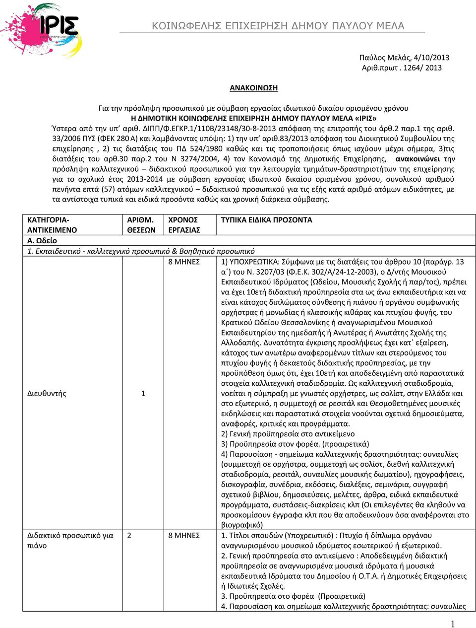 1/110Β/23148/30-8-2013 απόφαση της επιτροπής του άρθ.2 παρ.1 της αριθ. 33/2006 ΠΥΣ (ΦΕΚ 280 Α) και λαμβάνοντας υπόψη: 1) την υπ αριθ.