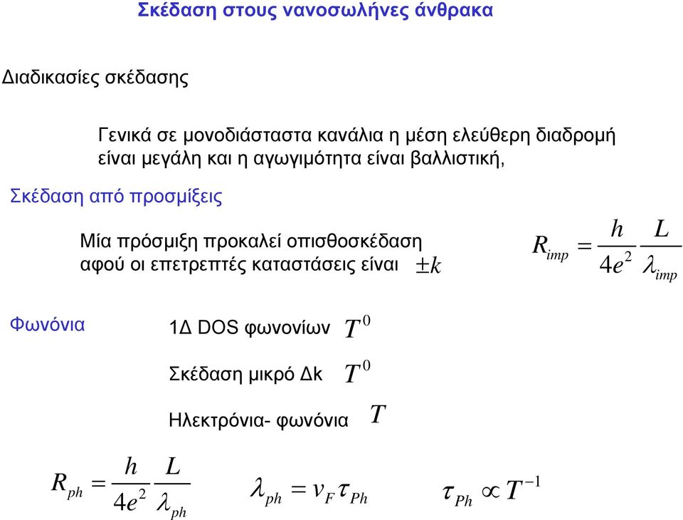 πρόσμιξη προκαλεί οπισθοσκέδαση αφού οι επετρεπτές καταστάσεις είναι ± k R imp = h 4 L 2 e λimp