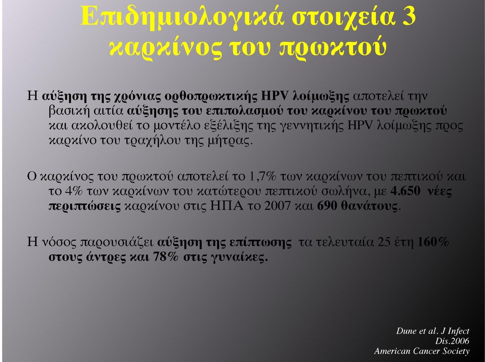 O καρκίνος του πρωκτού αποτελεί το 1,7% των καρκίνων του πεπτικού και το 4% των καρκίνων του κατώτερου πεπτικού σωλήνα, με 4.