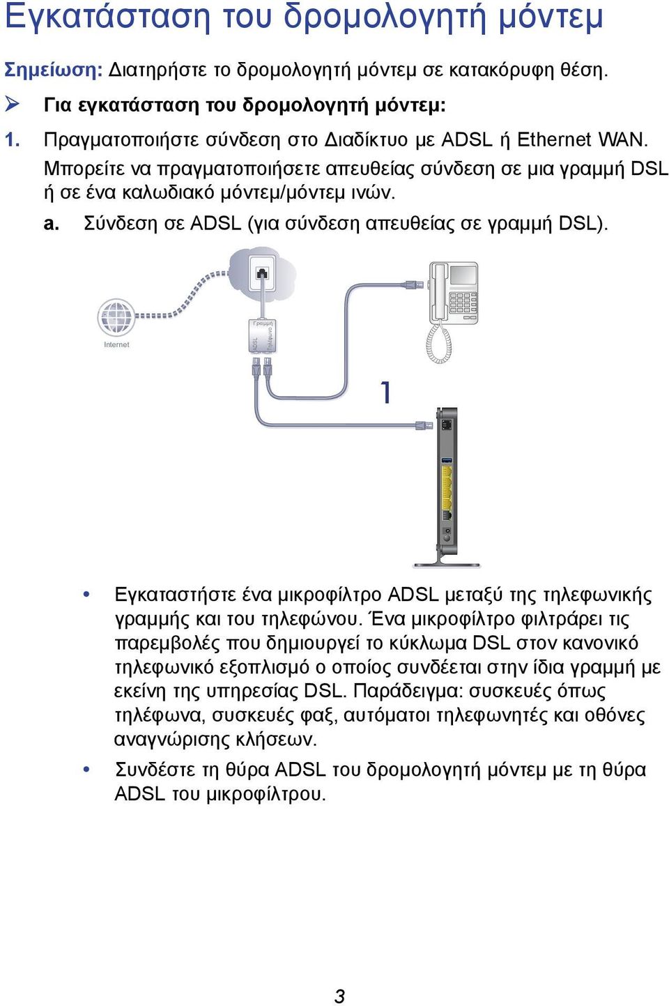 Σύνδεση σε ADSL (για σύνδεση απευθείας σε γραμμή DSL). Internet ADSL 1 Εγκαταστήστε ένα μικροφίλτρο ADSL μεταξύ της τηλεφωνικής γραμμής και του τηλεφώνου.