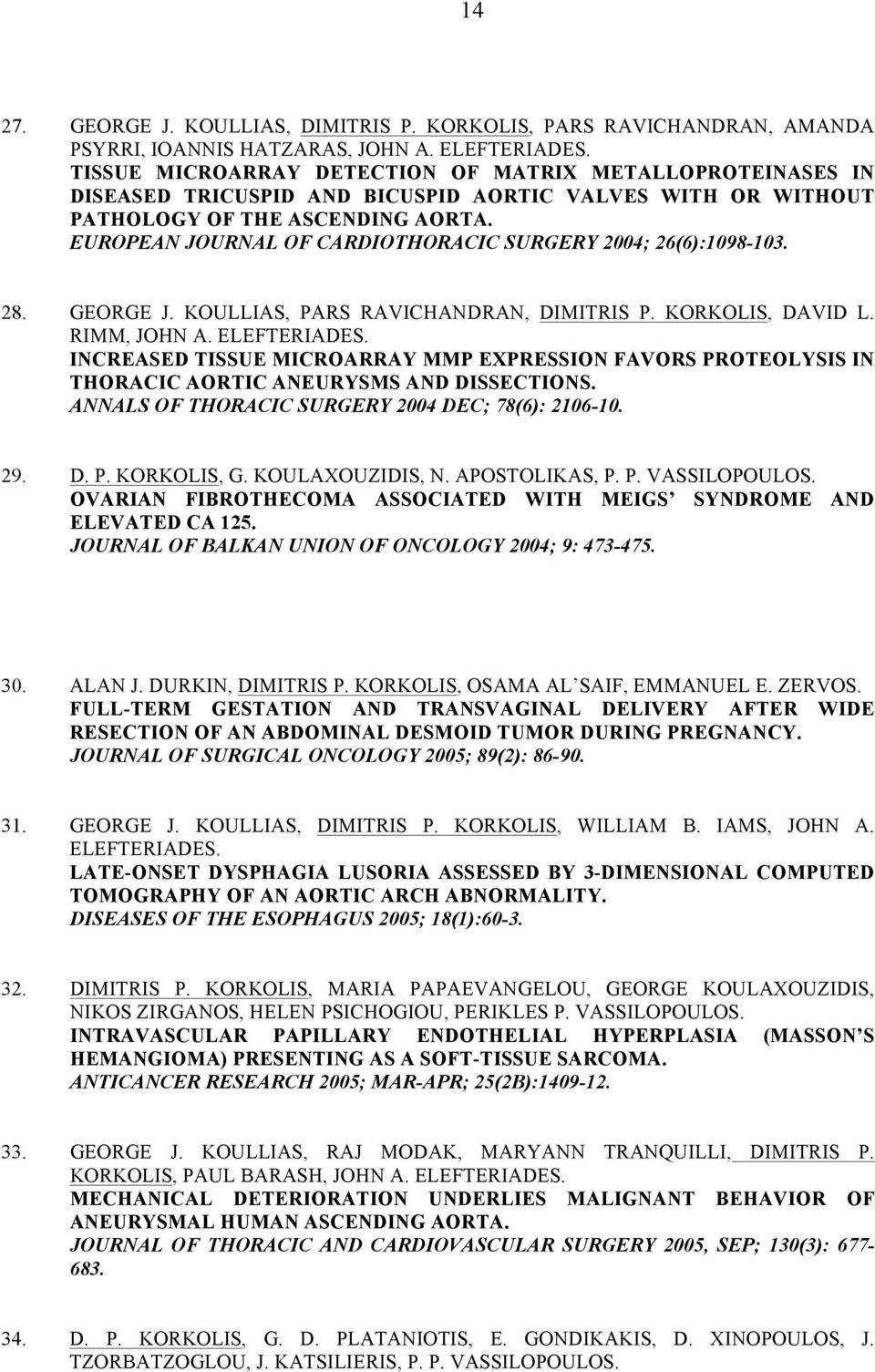 EUROPEAN JOURNAL OF CARDIOTHORACIC SURGERY 2004; 26(6):1098-103. 28. GEORGE J. KOULLIAS, PARS RAVICHANDRAN, DIMITRIS P. KORKOLIS, DAVID L. RIMM, JOHN A. ELEFTERIADES.