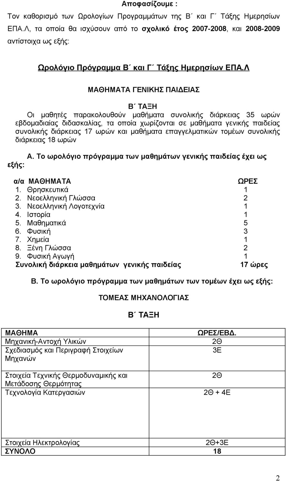Λ ΤΑ ΓΕΝΙΚΗΣ ΠΑΙΔΕΙΑΣ Β ΤΑΞΗ Οι μαθητές παρακολουθούν μαθήματα συνολικής διάρκειας 35 ωρών εβδομαδιαίας διδασκαλίας, τα οποία χωρίζονται σε μαθήματα γενικής παιδείας συνολικής διάρκειας 17 ωρών και