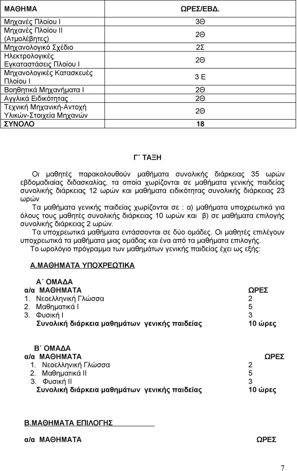 διάρκειας 12 ωρών και μαθήματα ειδικότητας συνολικής διάρκειας 23 ωρών Τα μαθήματα γενικής παιδείας χωρίζονται σε : α) μαθήματα υποχρεωτικά για όλους τους μαθητές συνολικής διάρκειας 10 ωρών και β)
