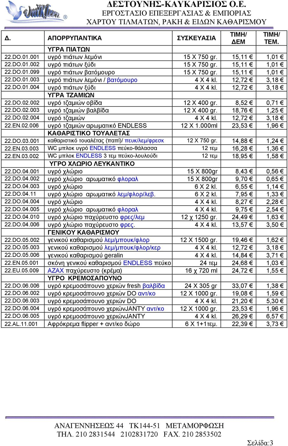 DO.02.003 υγρό τζαμιών βαλβίδα 12 Χ 400 gr. 18,76 1,25 22.DO.02.004 υγρό τζαμιών 4 X 4 kl. 12,72 3,18 22.EN.02.006 υγρό τζαμιών αρωματικό ENDLESS 12 X 1.000ml 23,53 1,96 ΚΑΘΑΡΙΣΤΙΚΟ ΤΟΥΑΛΕΤΑΣ 22.DO.03.001 καθαριστικό τουαλέτας (παπί)/ πευκ/λεμ/φρεσκ 12 Χ 750 gr.