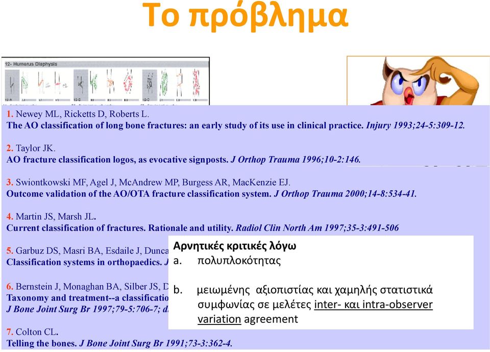 Outcome validation of the AO/OTA fracture classification system. J Orthop Trauma 2000;14-8:534-41. 4. Martin JS, Marsh JL. Current classification of fractures. Rationale and utility.