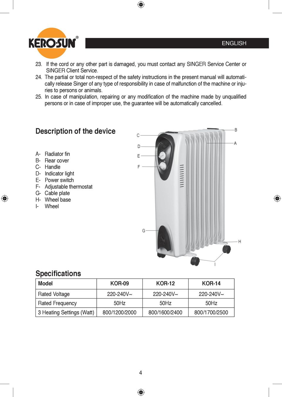 persons or animals. 25. In case of manipulation, repairing or any modification of the machine made by unqualified persons or in case of improper use, the guarantee will be automatically cancelled.