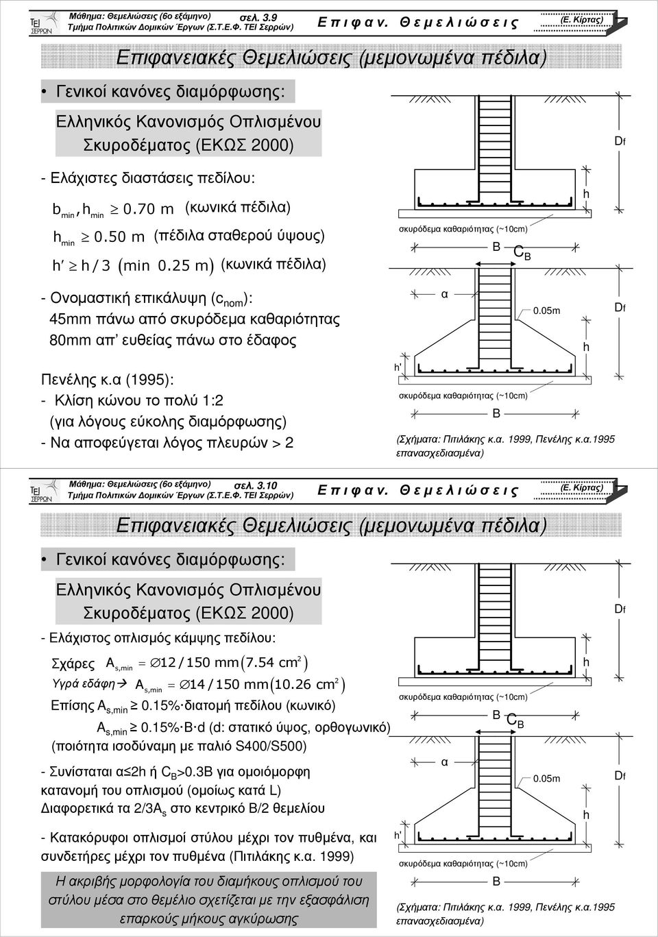 α (1995): - Κλίσηκώνουτοπύ 1: (για λόγους εύκης διαµόρφωσης) -Νααποφεύγεταιλόγοςπλευρών > ' σκυρόδεµα καθαριότητας (~10cm) α C σκυρόδεµα καθαριότητας (~10cm) 0.05m (Σχήµατα: Πιτιλάκης κ.α. 1999, Πενέλης κ.