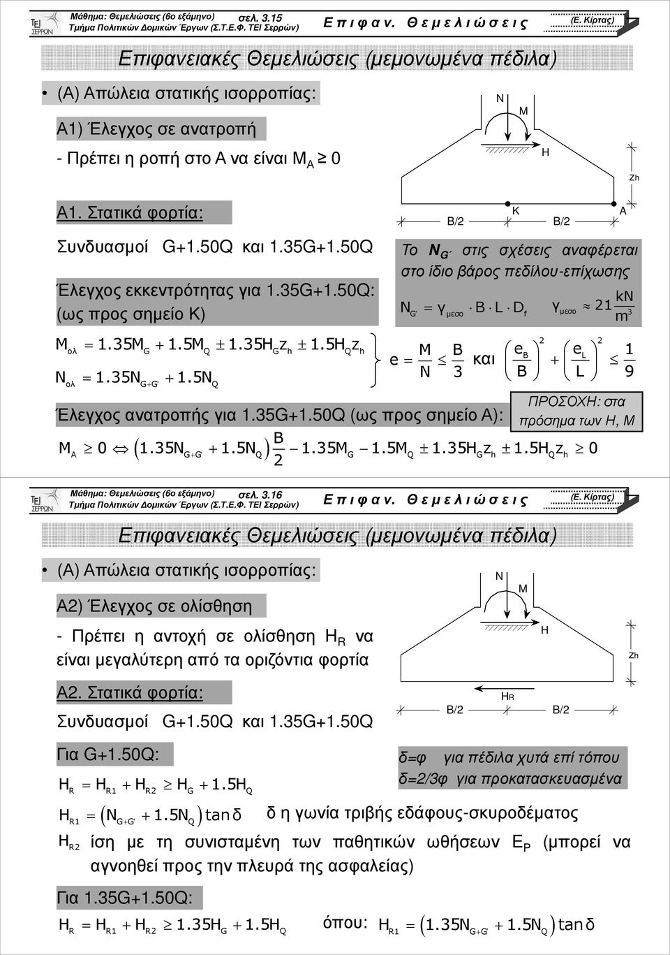 5 ± 1.35H z ± 1.5H z G Q G Q 1.35 + 1.5 G+ G Q / K / Το Ν G στις σχέσεις αναφέρεται στο ίδιο βάρος πεδίλου-επίχωσης k γ D γ 1 G µεσο f µεσο 3 m e 3 Έλεγχος ανατροπής για 1.35G+1.